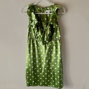 LOFT Sleeveless Ruffle V-Neck Green Polka Dot Dress | Size 4
